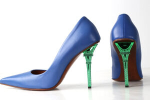VETEMENTS Blue Leather Green Eiffel Tower Heels Pointed Toe Pumps w/ Box 38